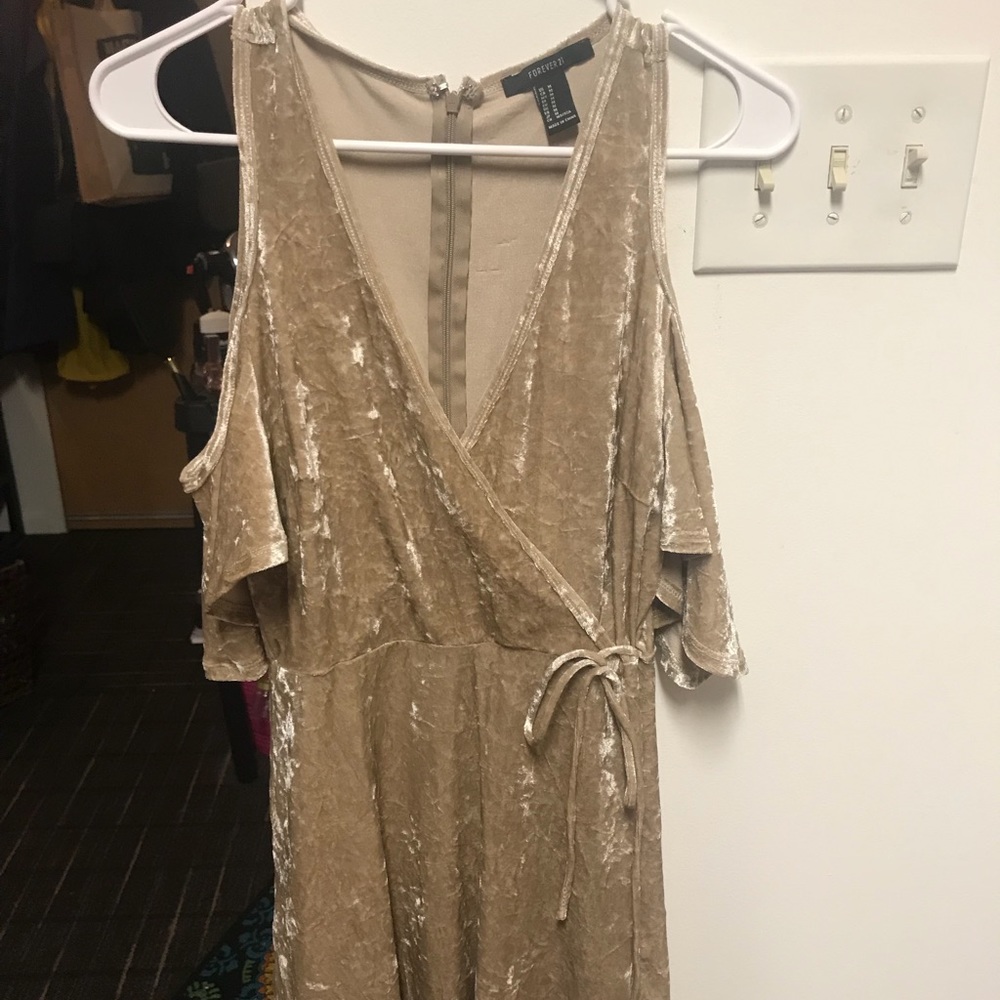 Worn once golden velvet dress w/ open shoulders